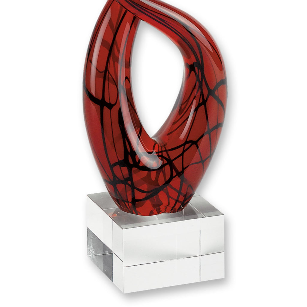 13" Clear Burgundy and Black Murano Glass Modern Abstract Tabletop Sculpture. Sculpture isolated on a plain white background, showing a glass surface.