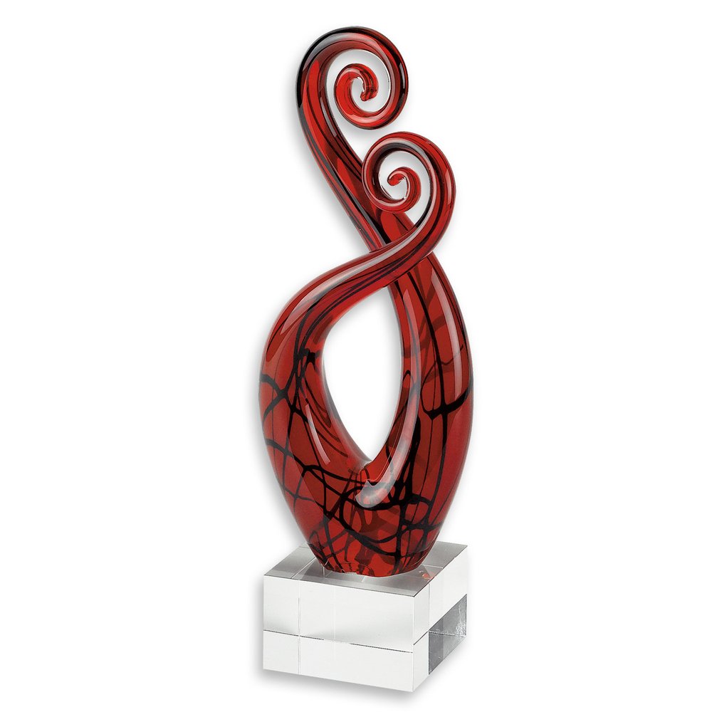 13" Clear Burgundy and Black Murano Glass Modern Abstract Tabletop Sculpture. Sculpture isolated on a plain white background, showing a glass surface.