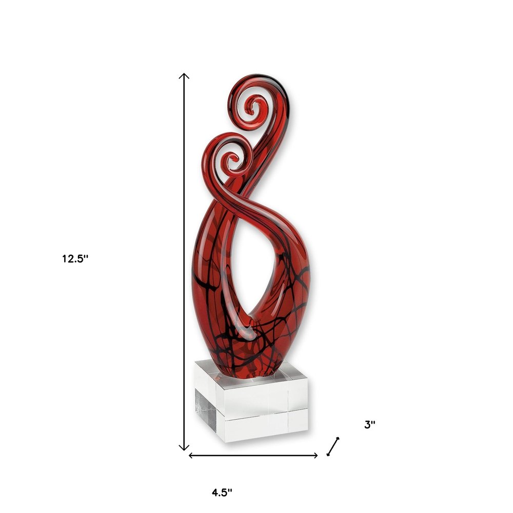 13" Clear Burgundy and Black Murano Glass Modern Abstract Tabletop Sculpture. Sculpture isolated on a plain white background, finished in clear glass.
