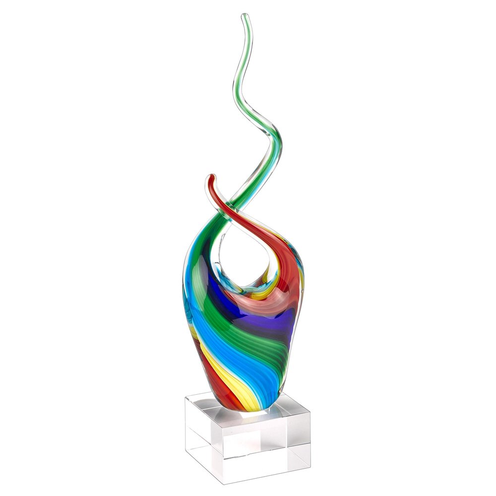 14" Clear Red Blue Yellow Murano Glass Modern Abstract Tabletop Sculpture. Sculpture isolated on a plain white background, finished in blue glass.