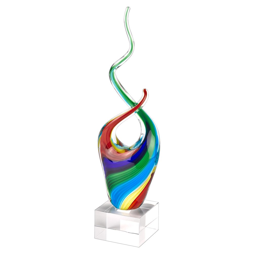 14" Clear Red Blue Yellow Murano Glass Modern Abstract Tabletop Sculpture. Sculpture isolated on a plain white background, showing a blue glass surface.