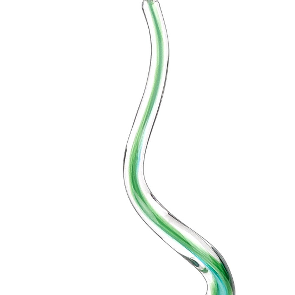 14" Clear Red Blue Yellow Murano Glass Modern Abstract Tabletop Sculpture. Sculpture isolated on a plain white background, showing a glass surface.