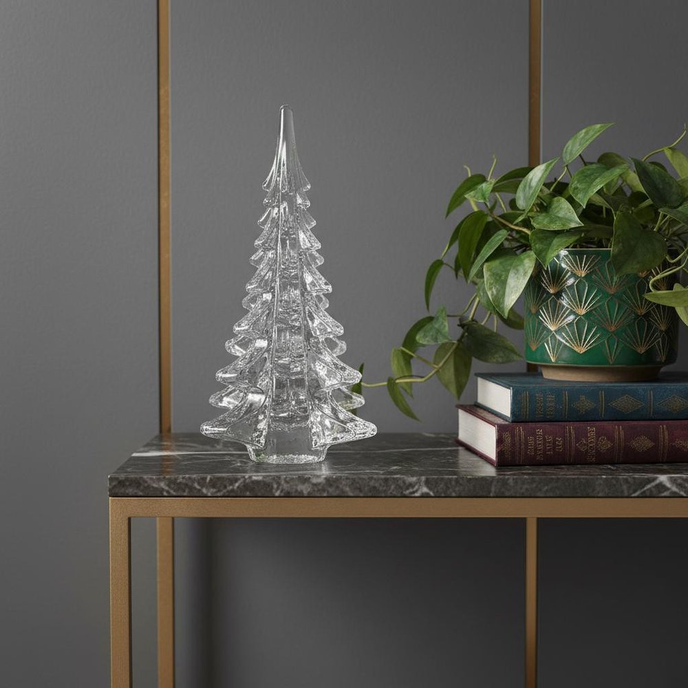 10" Mouth Blown Clear Glass Christmas Tree Sculpture.