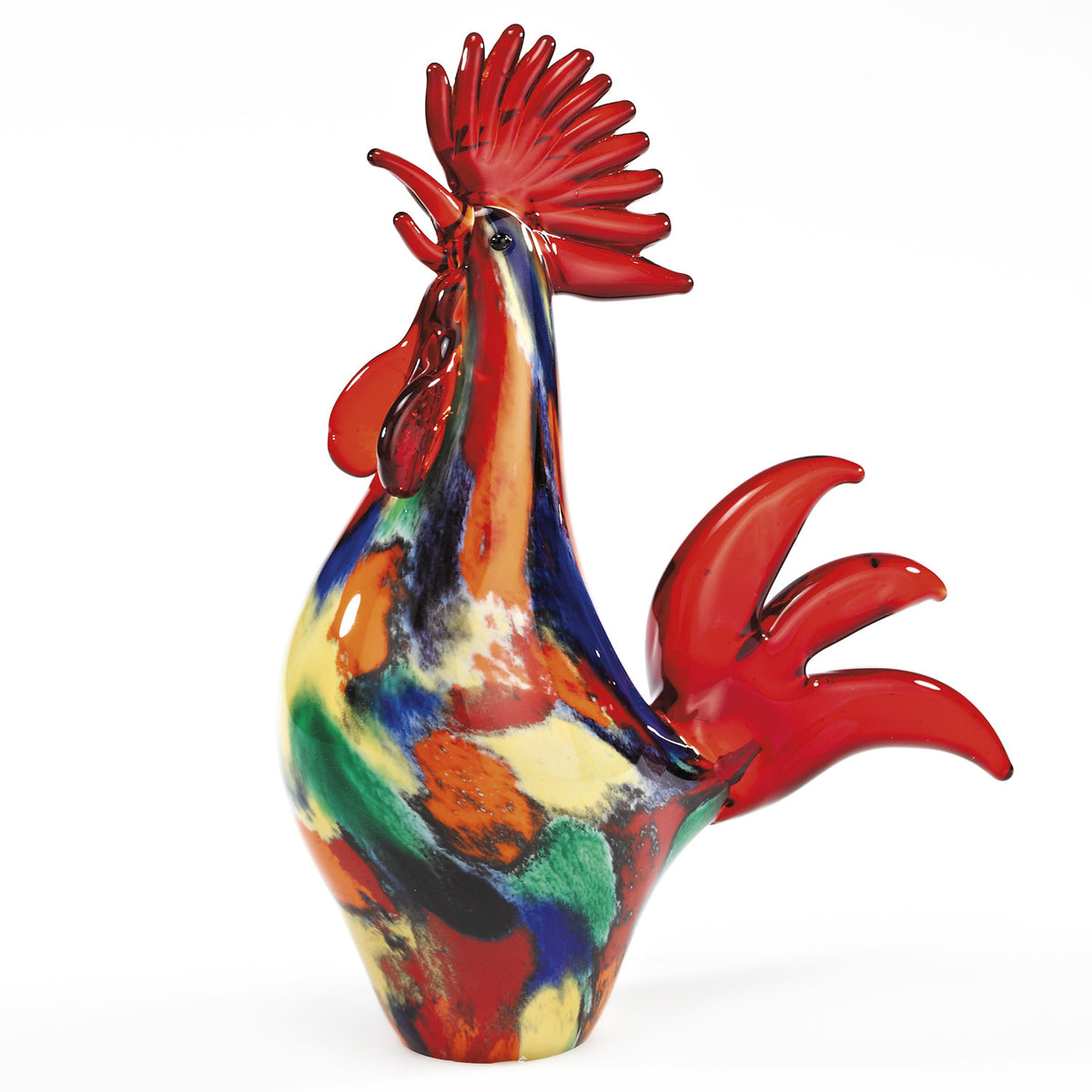 11" Red Murano Glass Rooster Figurine Tabletop Sculpture. Sculpture isolated on a plain white background, showing a red glass surface.