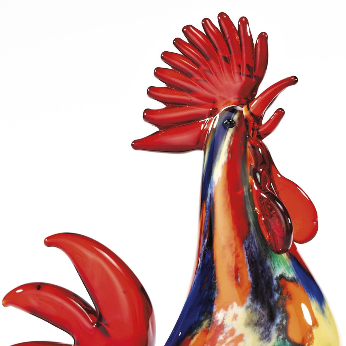 11" Red Murano Glass Rooster Figurine Tabletop Sculpture. Sculpture isolated on a plain white background, finished in red glass.