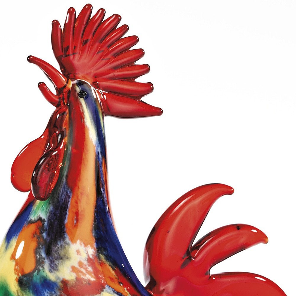 11" Red Murano Glass Rooster Figurine Tabletop Sculpture. Sculpture isolated on a plain white background, in a red glass finish.