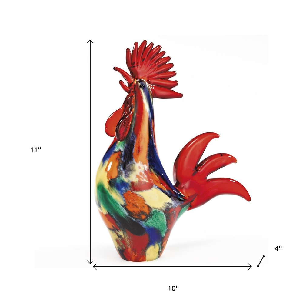 11" Red Murano Glass Rooster Figurine Tabletop Sculpture. Sculpture isolated on a plain white background, finished in red glass.