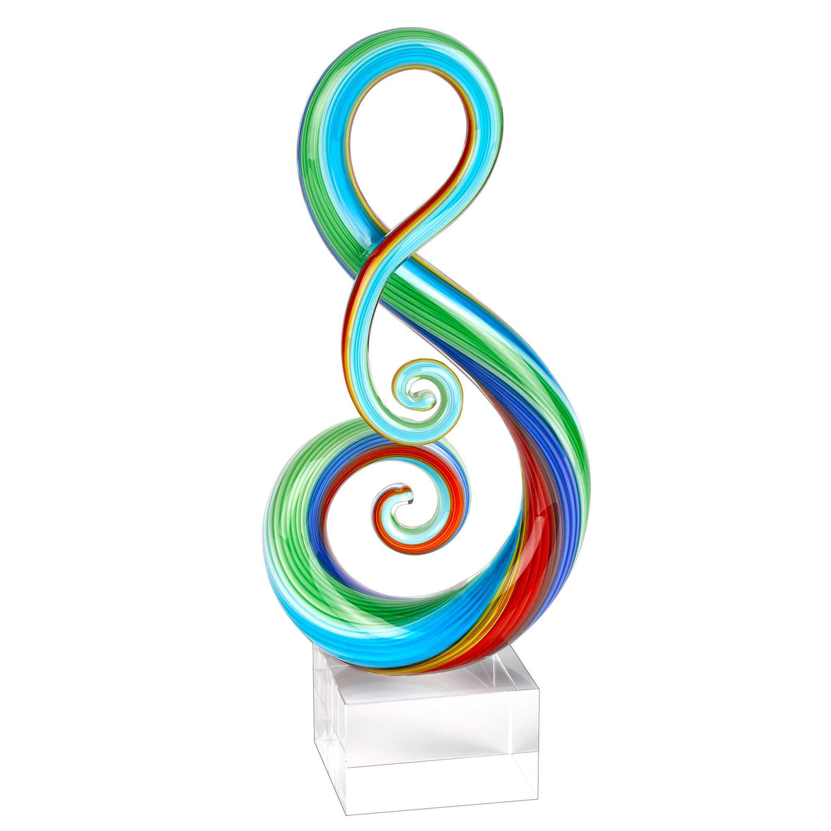 12" Clear and Rainbow Murano Glass Modern Abstract Tabletop Sculpture. Sculpture isolated on a plain white background, showing a glass surface.