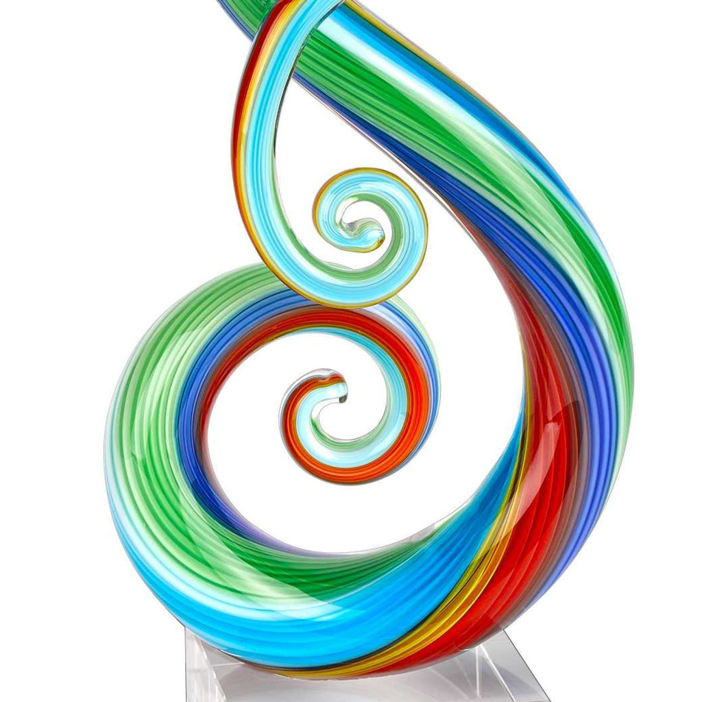 12" Clear and Rainbow Murano Glass Modern Abstract Tabletop Sculpture. Sculpture isolated on a plain white background, showing a glass surface.