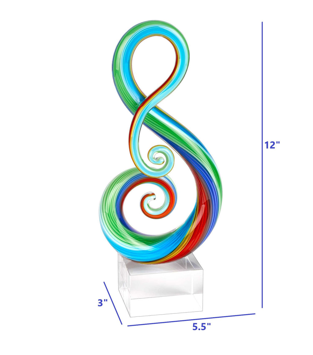 12" Clear and Rainbow Murano Glass Modern Abstract Tabletop Sculpture. Sculpture isolated on a plain white background, showing a glass surface.