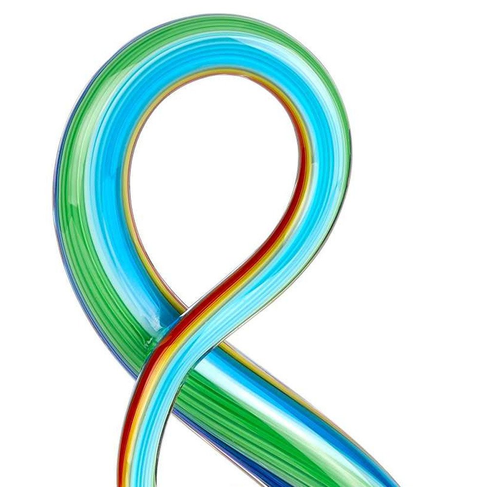 12" Clear and Rainbow Murano Glass Modern Abstract Tabletop Sculpture. Sculpture isolated on a plain white background, showing a glass surface.
