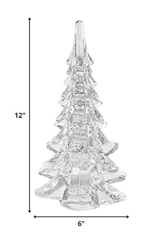 12" Mouth Blown Clear Glass Christmas Tree Sculpture. Sculpture isolated on a plain white background, in a clear glass finish.