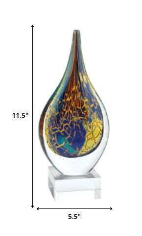 12" Blue and Yellow Murano Glass Modern Abstract Tabletop Sculpture. Sculpture isolated on a plain white background, showing a glass surface.