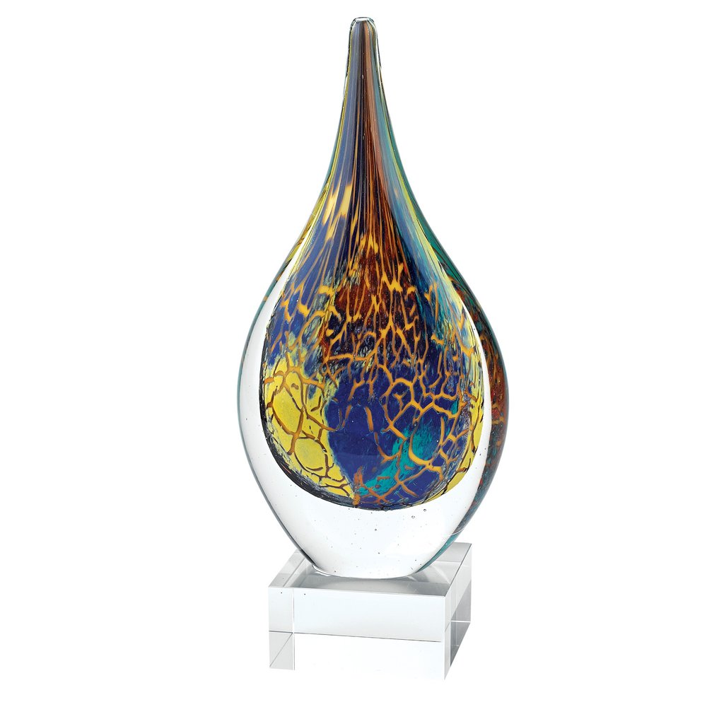 12" Blue and Yellow Murano Glass Modern Abstract Tabletop Sculpture. Sculpture isolated on a plain white background, showing a blue glass surface.