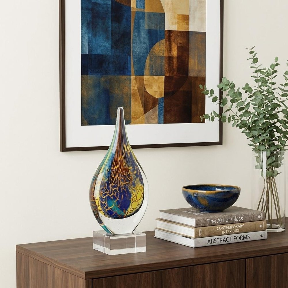 12" Blue and Yellow Murano Glass Modern Abstract Tabletop Sculpture.