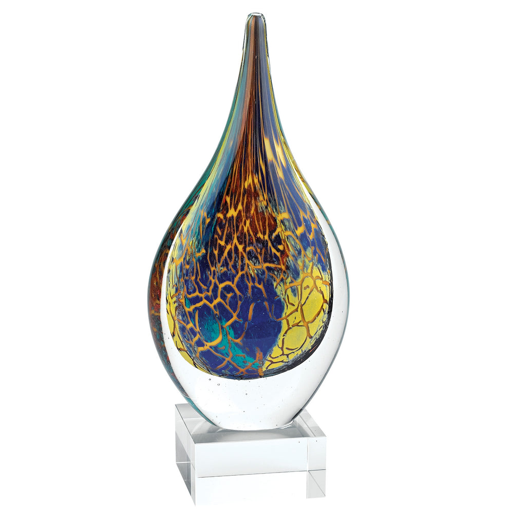 13" Blue and Yellow Murano Glass Modern Abstract Tabletop Sculpture. Sculpture isolated on a plain white background, finished in blue glass.