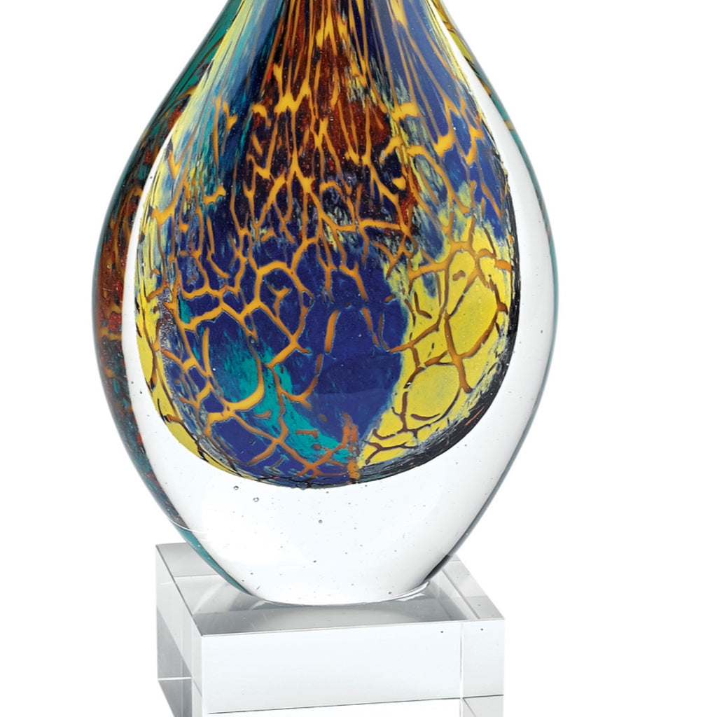 13" Blue and Yellow Murano Glass Modern Abstract Tabletop Sculpture. Sculpture isolated on a plain white background, showing a blue glass surface.