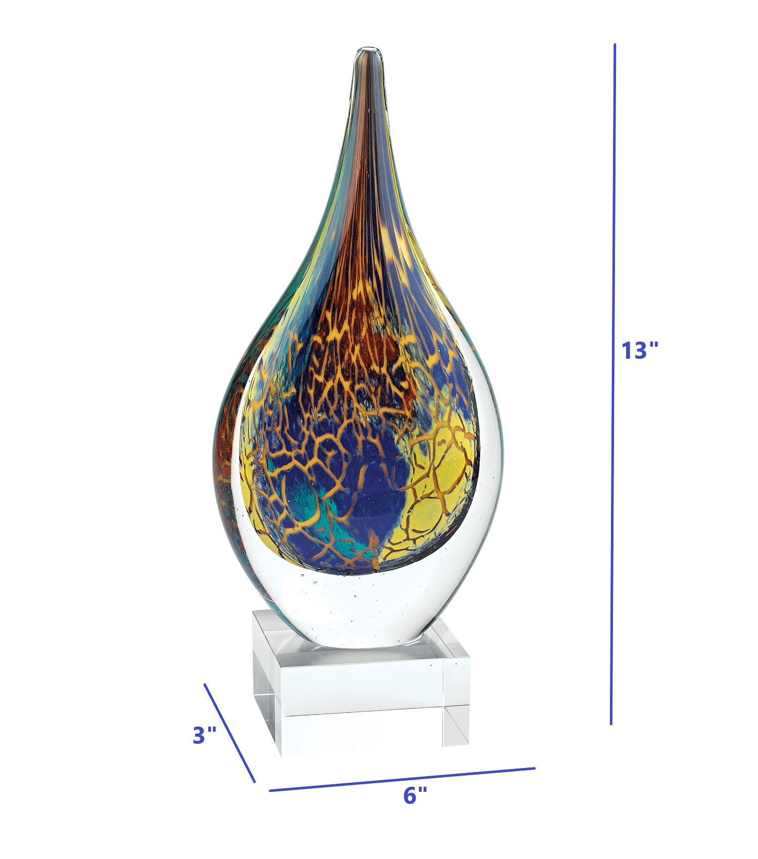 13" Blue and Yellow Murano Glass Modern Abstract Tabletop Sculpture. Sculpture isolated on a plain white background, in a blue glass finish.