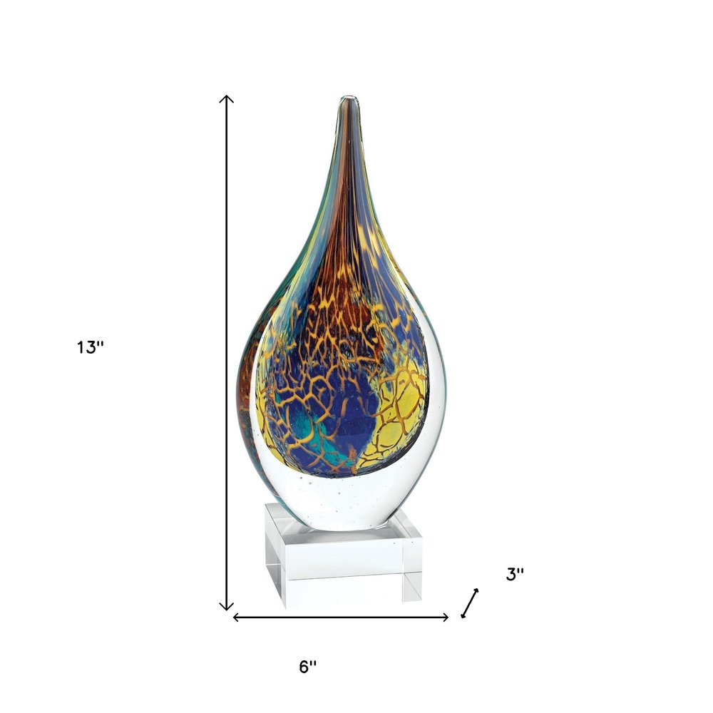 13" Blue and Yellow Murano Glass Modern Abstract Tabletop Sculpture. Sculpture isolated on a plain white background, showing a glass surface.