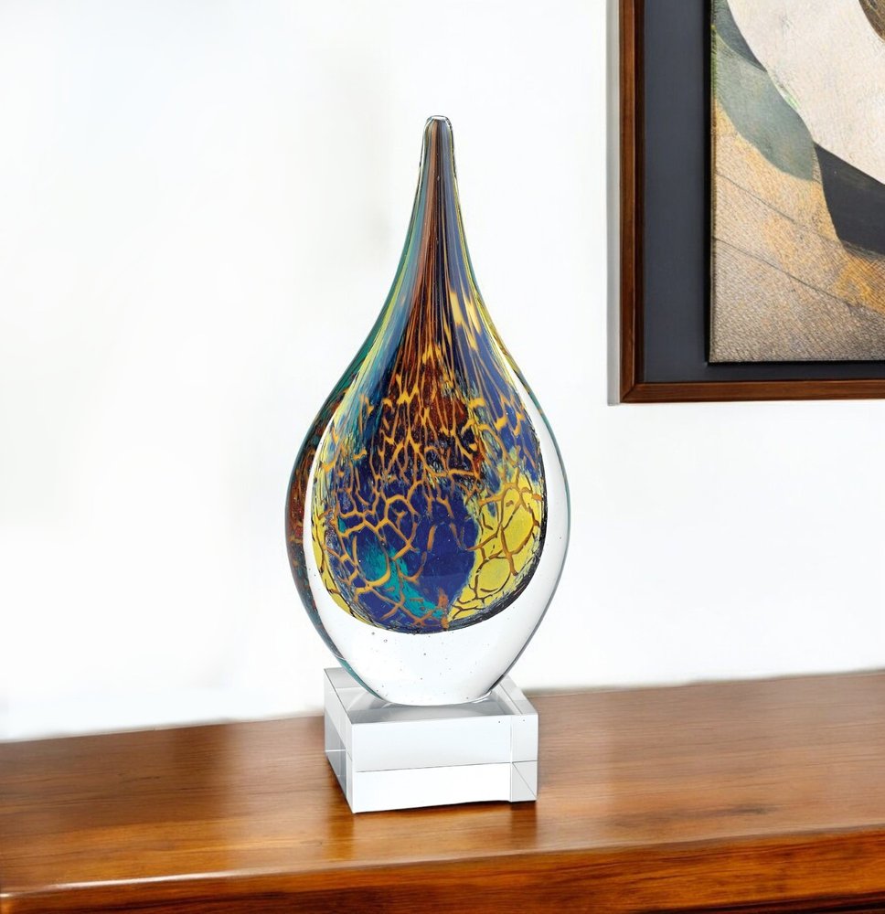 13" Blue and Yellow Murano Glass Modern Abstract Tabletop Sculpture.