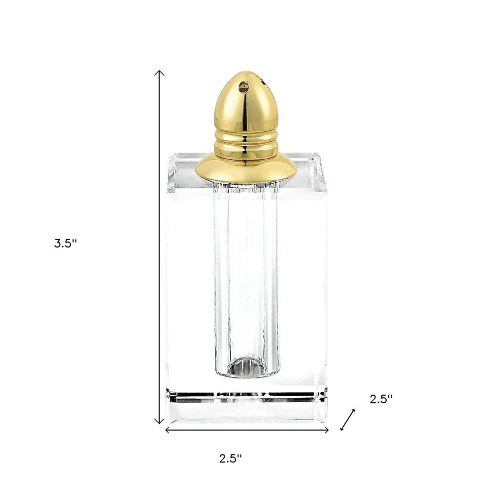 Set of Two Clear And Gold Crystal Pepper Shakers - 3.5" H x 2.5" W x 2.5" D