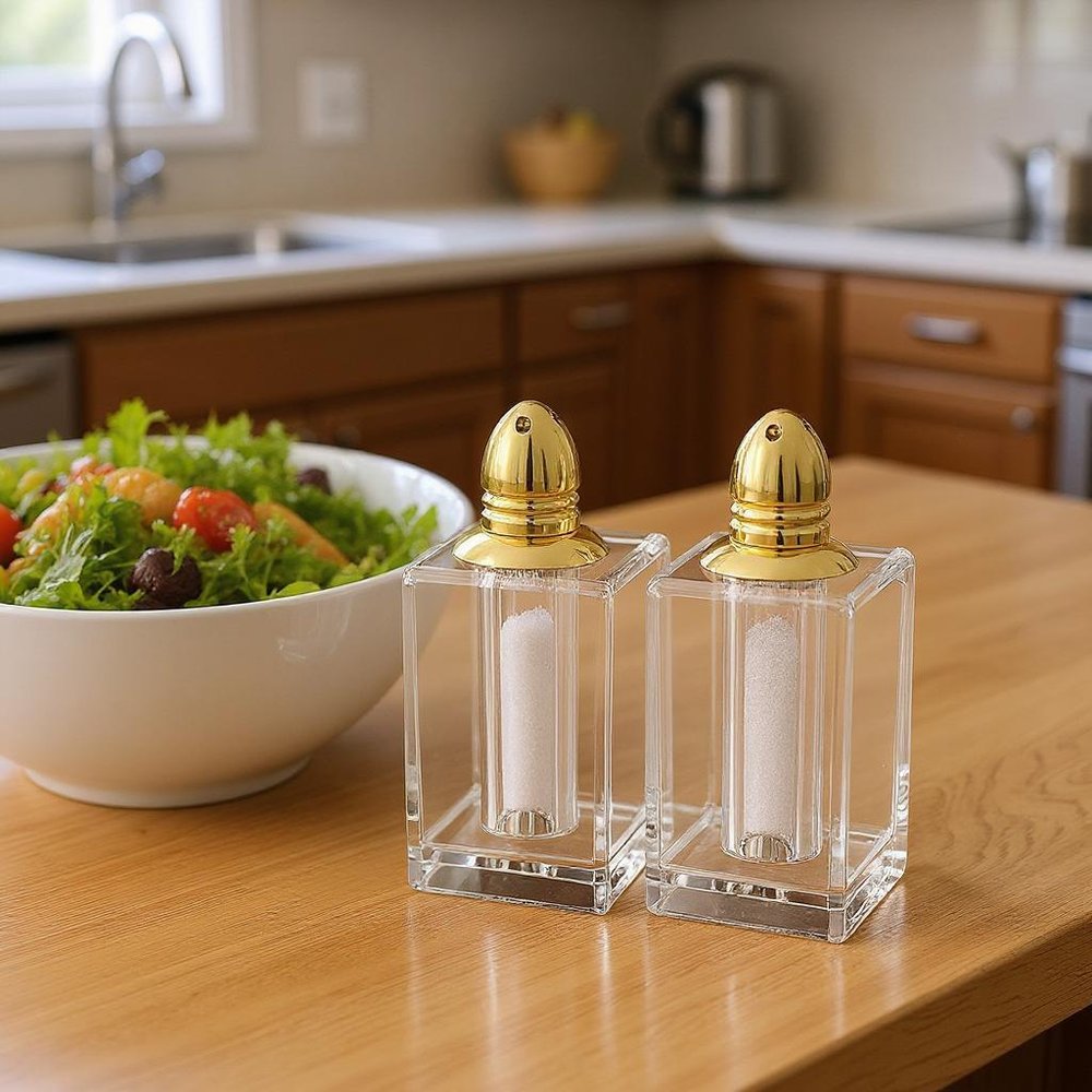 Set of Two Clear And Gold Crystal Pepper Shakers - 3.5" H x 2.5" W x 2.5" D
