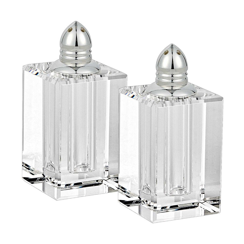 Set of Two Clear And Silver Crystal Pepper Shakers on a white background