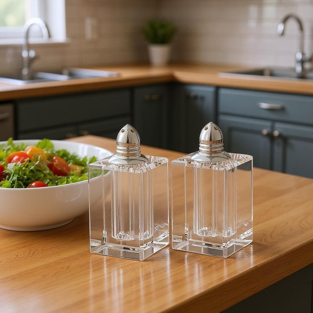Set of Two Clear And Silver Crystal Pepper Shakers in a home interior