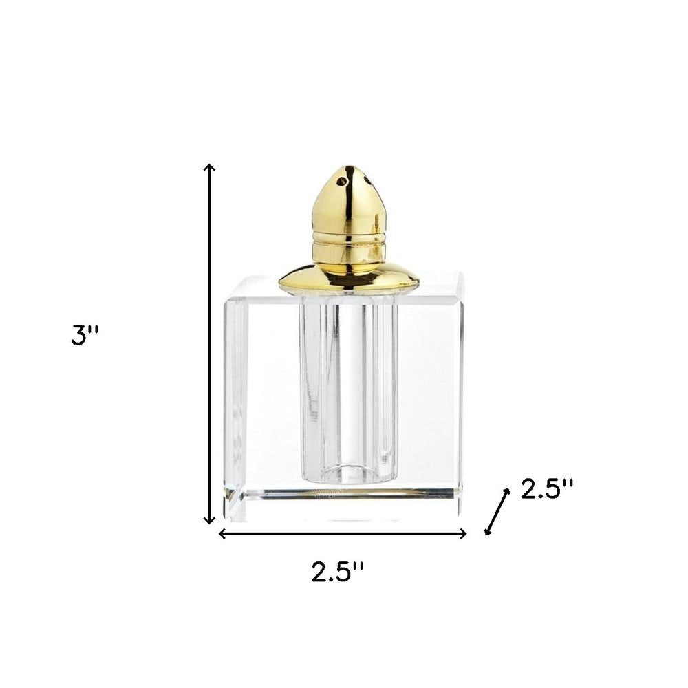 Set of Two Clear And Gold Crystal Pepper Shakers - 3" H x 2.5" W x 2.5" D