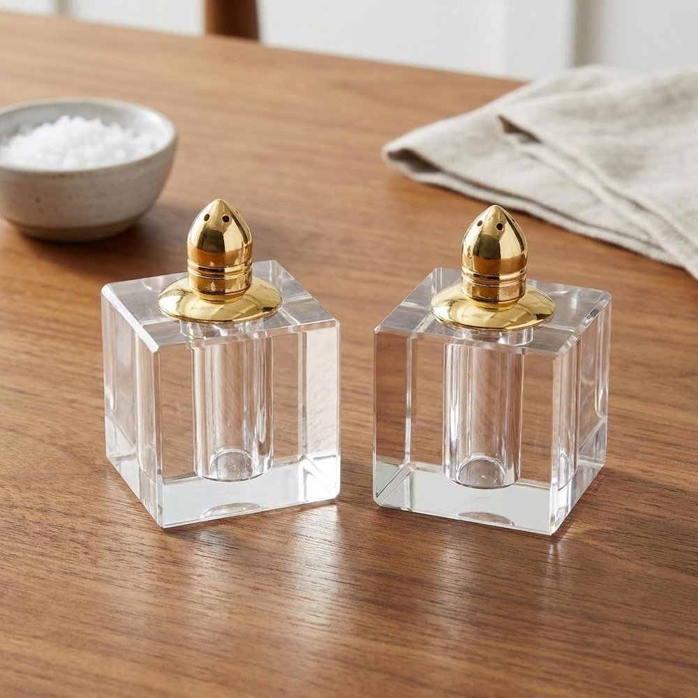 Set of Two Clear And Gold Crystal Pepper Shakers - 3" H x 2.5" W x 2.5" D