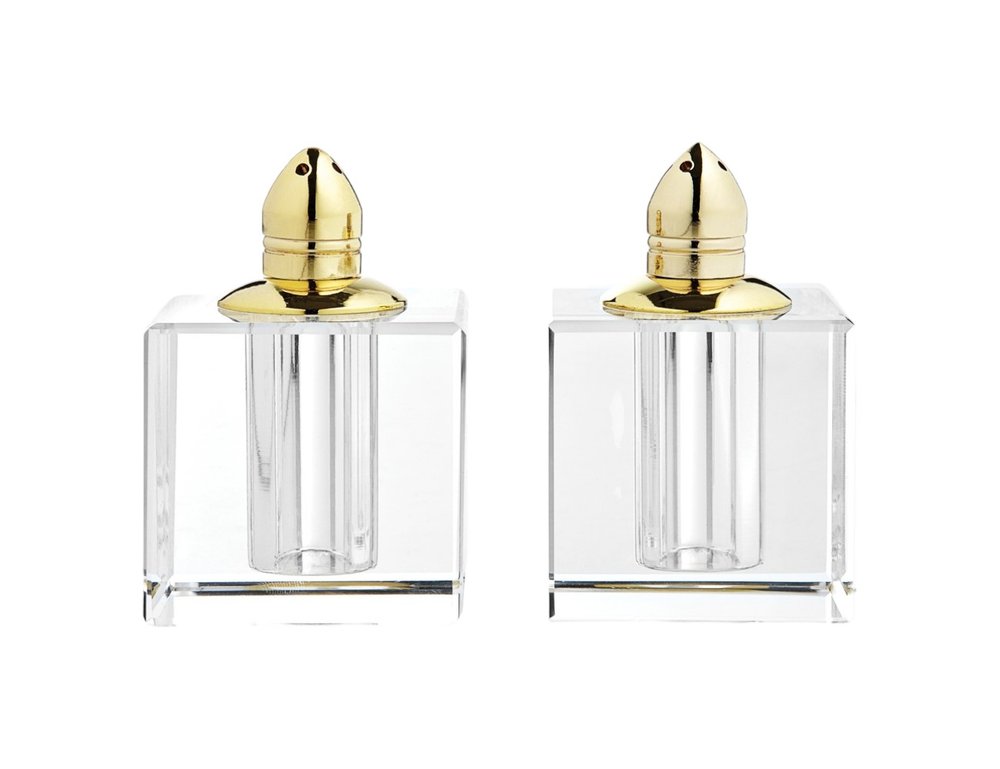 Set of Two Clear And Gold Crystal Pepper Shakers - 3" H x 2.5" W x 2.5" D