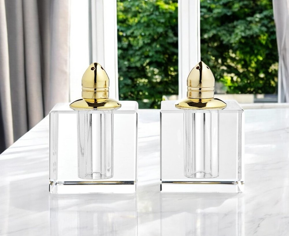 Set of Two Clear And Gold Crystal Pepper Shakers - 3" H x 2.5" W x 2.5" D