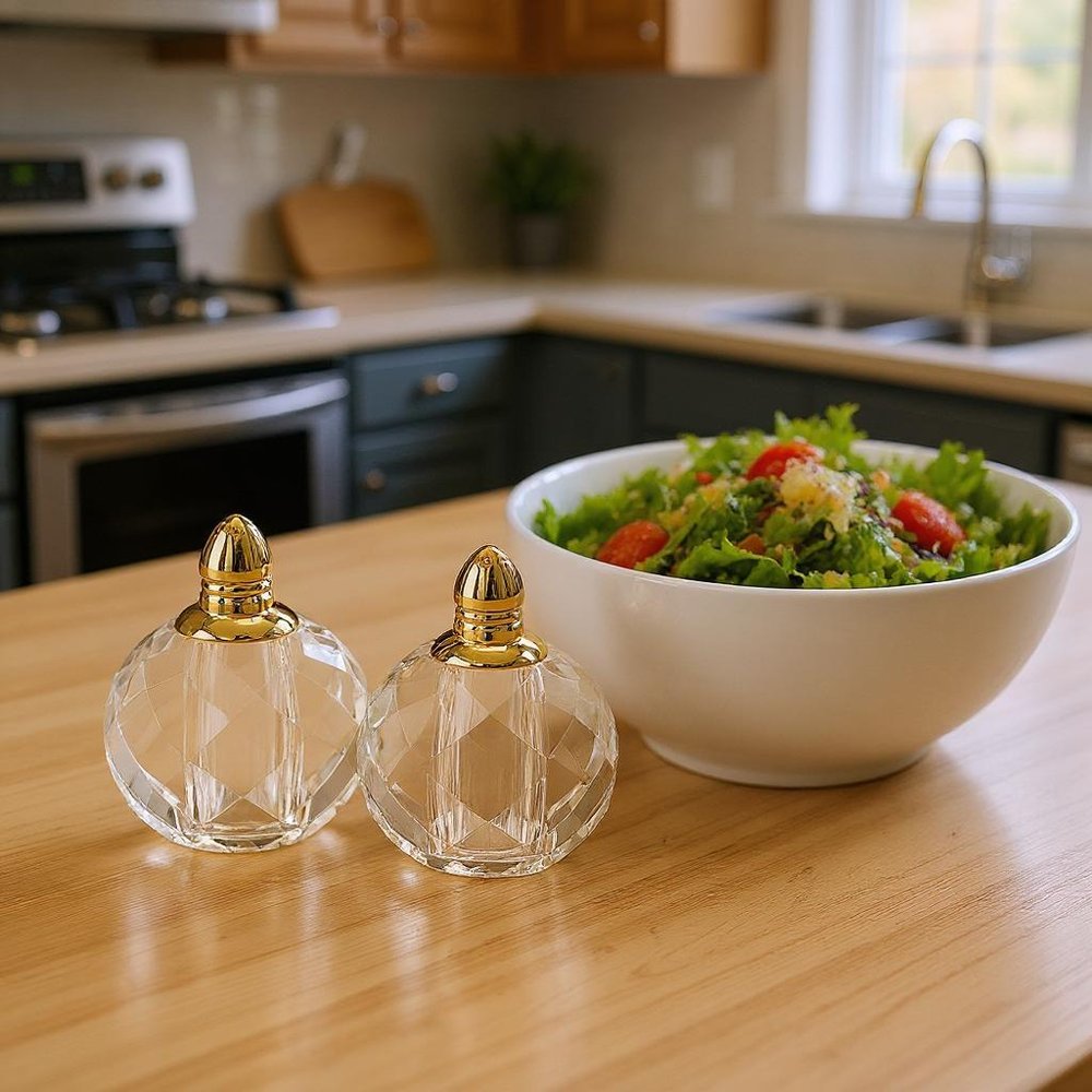 Set of Two Clear And Gold Crystal Geometric Pepper Shakers - 3" H x 2" W x 2" D