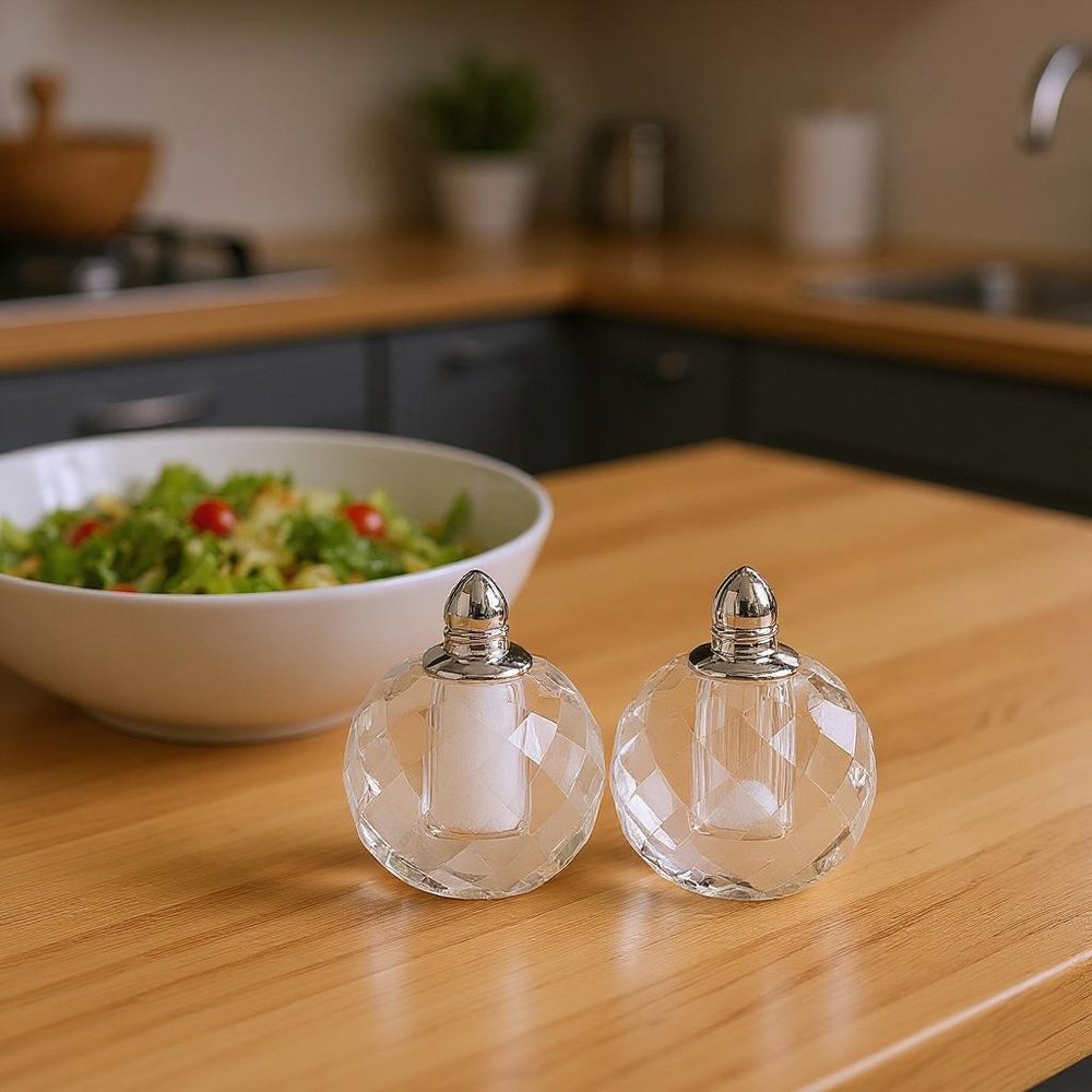 Set of Two Clear And Silver Crystal Geometric Pepper Shakers - 3" H x 2" W x 2" D