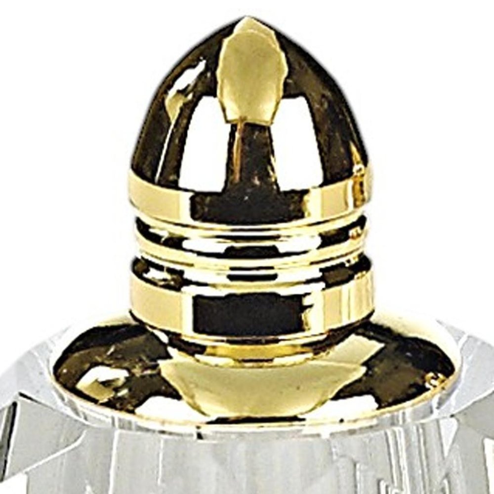 Set of Two Clear And Gold Crystal Geometric Pepper Shakers on a white background