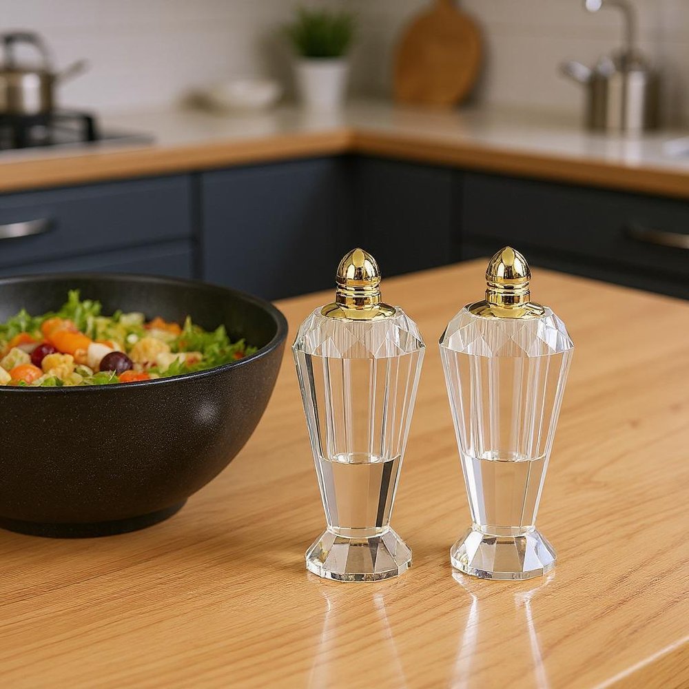 Set of Two Clear And Gold Crystal Geometric Pepper Shakers - 5" H x 2" W x 2" D