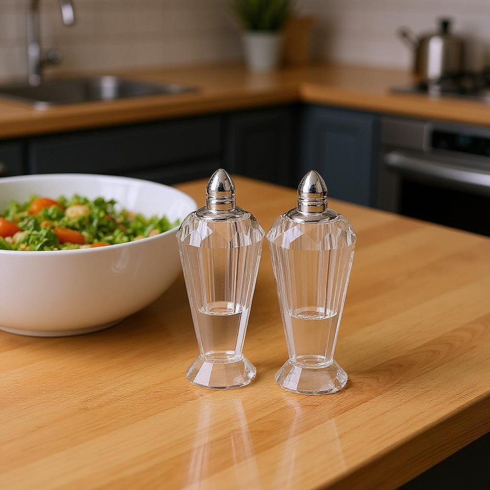 Set of Two Clear And Silver Crystal Geometric Pepper Shakers - 5" H x 2" W x 2" D