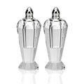 Set of Two Clear And Silver Crystal Geometric Pepper Shakers - 5" H x 2" W x 2" D on a white background