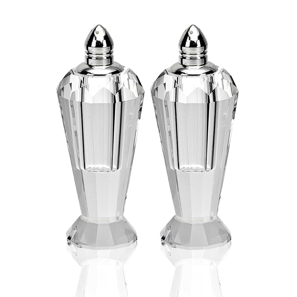 Set of Two Clear And Silver Crystal Geometric Pepper Shakers - 5" H x 2" W x 2" D