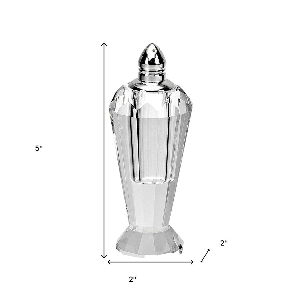 Set of Two Clear And Silver Crystal Geometric Pepper Shakers - 5" H x 2" W x 2" D on a white background