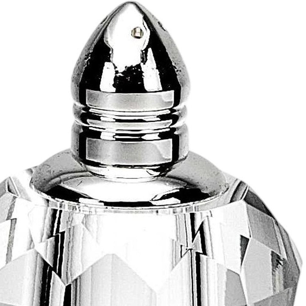 Set of Two Clear And Silver Crystal Geometric Pepper Shakers - 5" H x 2" W x 2" D on a white background
