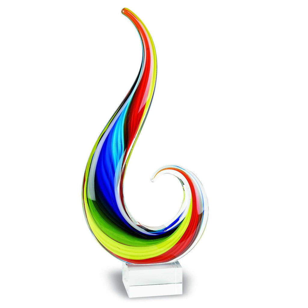 17" Blue and Red Murano Glass Modern Abstract Tabletop Sculpture. Sculpture isolated on a plain white background, showing a red glass surface.