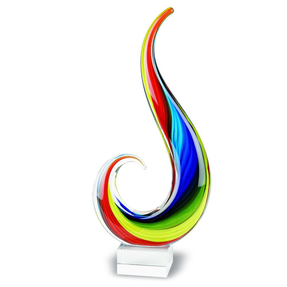 12" Clear Red Blue Yellow Murano Glass Modern Abstract Tabletop Sculpture. Sculpture isolated on a plain white background, in a yellow glass finish.
