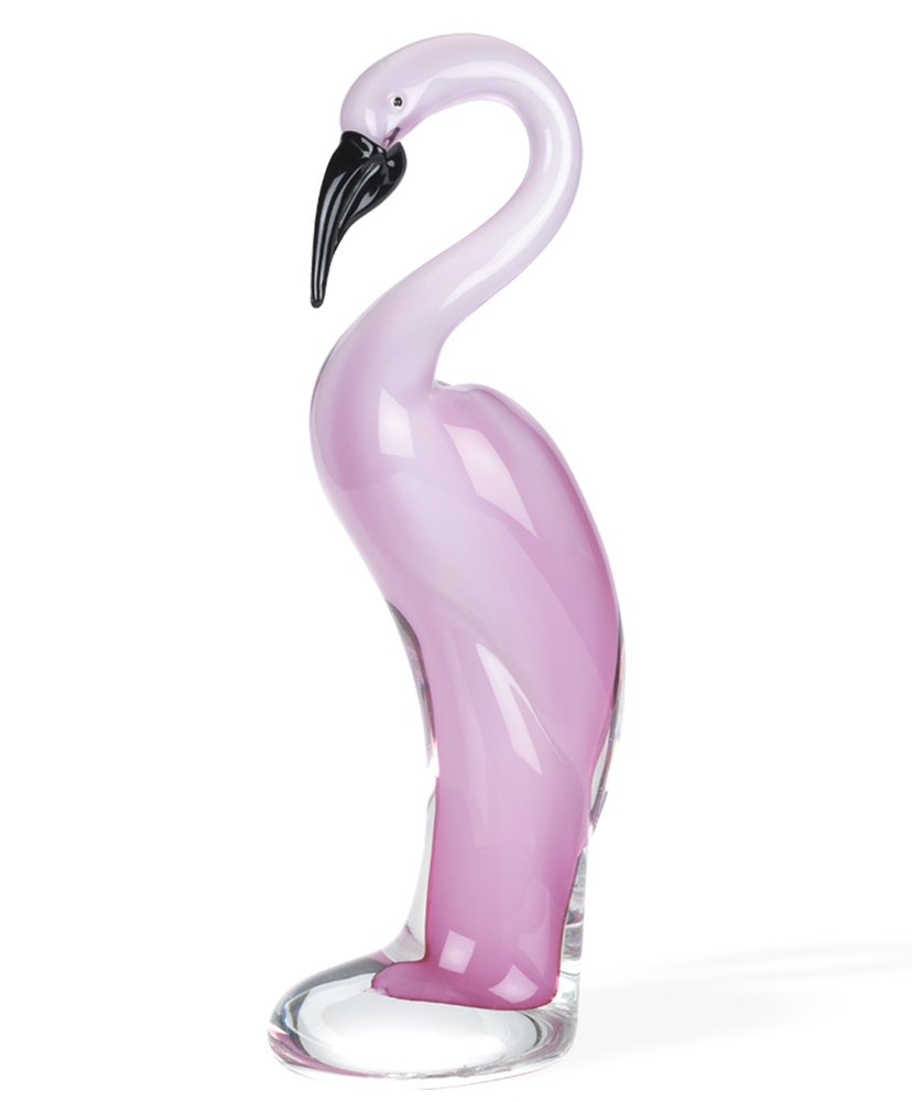 15" Pink Murano Glass Flamingo Figurine Tabletop Sculpture. Sculpture isolated on a plain white background, showing a glass surface.
