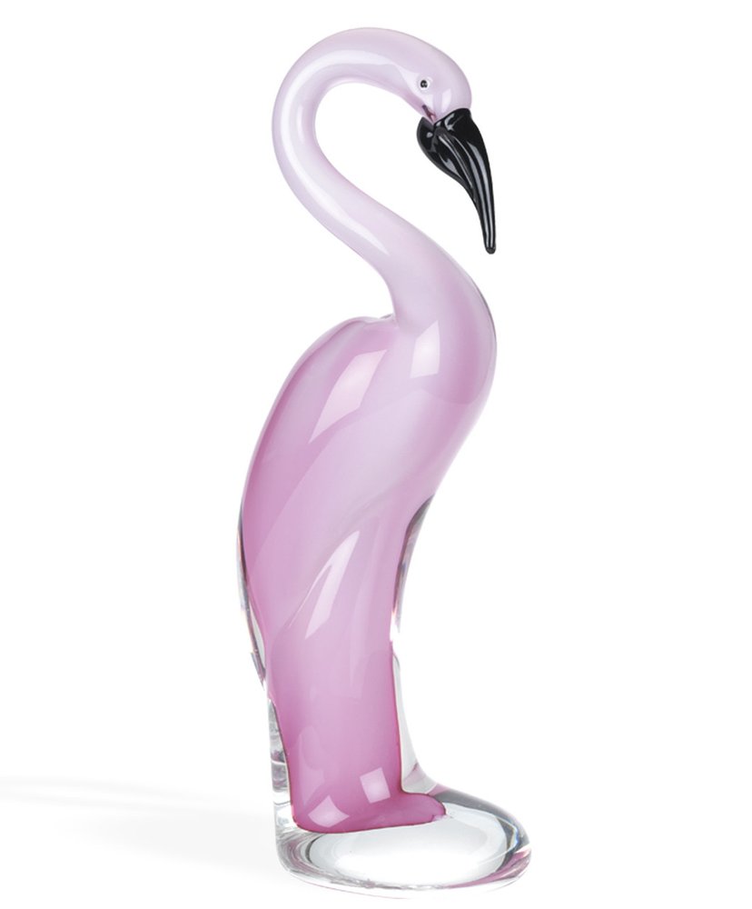 15" Pink Murano Glass Flamingo Figurine Tabletop Sculpture. Sculpture isolated on a plain white background, showing a glass surface.