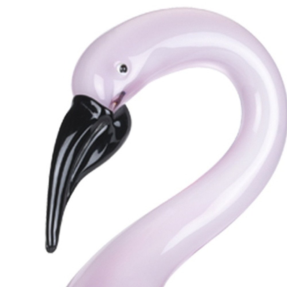 15" Pink Murano Glass Flamingo Figurine Tabletop Sculpture. Sculpture isolated on a plain white background, showing a glass surface.