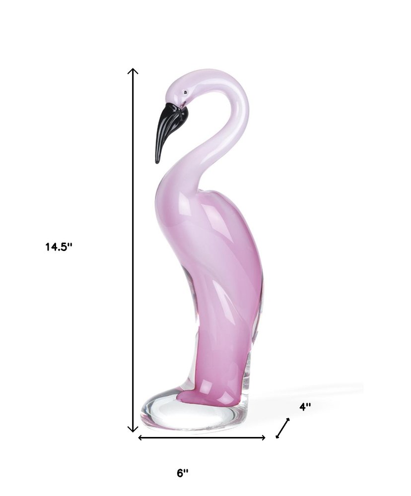 15" Pink Murano Glass Flamingo Figurine Tabletop Sculpture. Sculpture isolated on a plain white background, showing a glass surface.