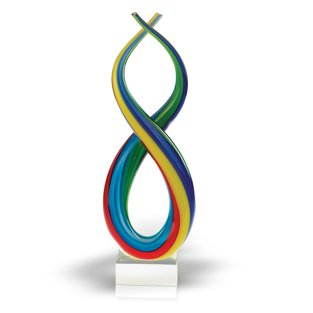 16" Clear Red Blue Yellow Murano Glass Modern Abstract Tabletop Sculpture. Sculpture isolated on a plain white background, showing a blue glass surface.