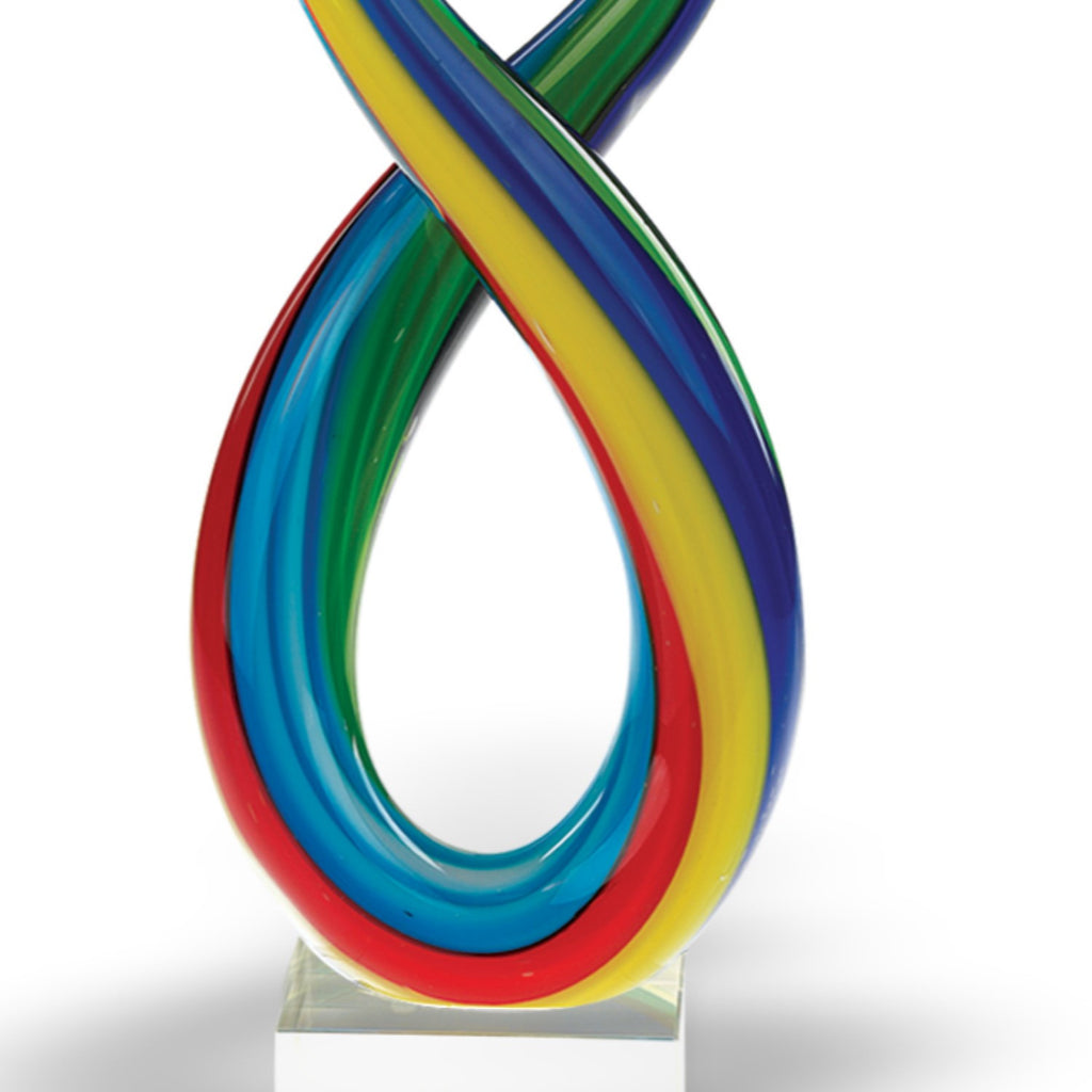 16" Clear Red Blue Yellow Murano Glass Modern Abstract Tabletop Sculpture. Sculpture isolated on a plain white background, in a blue glass finish.