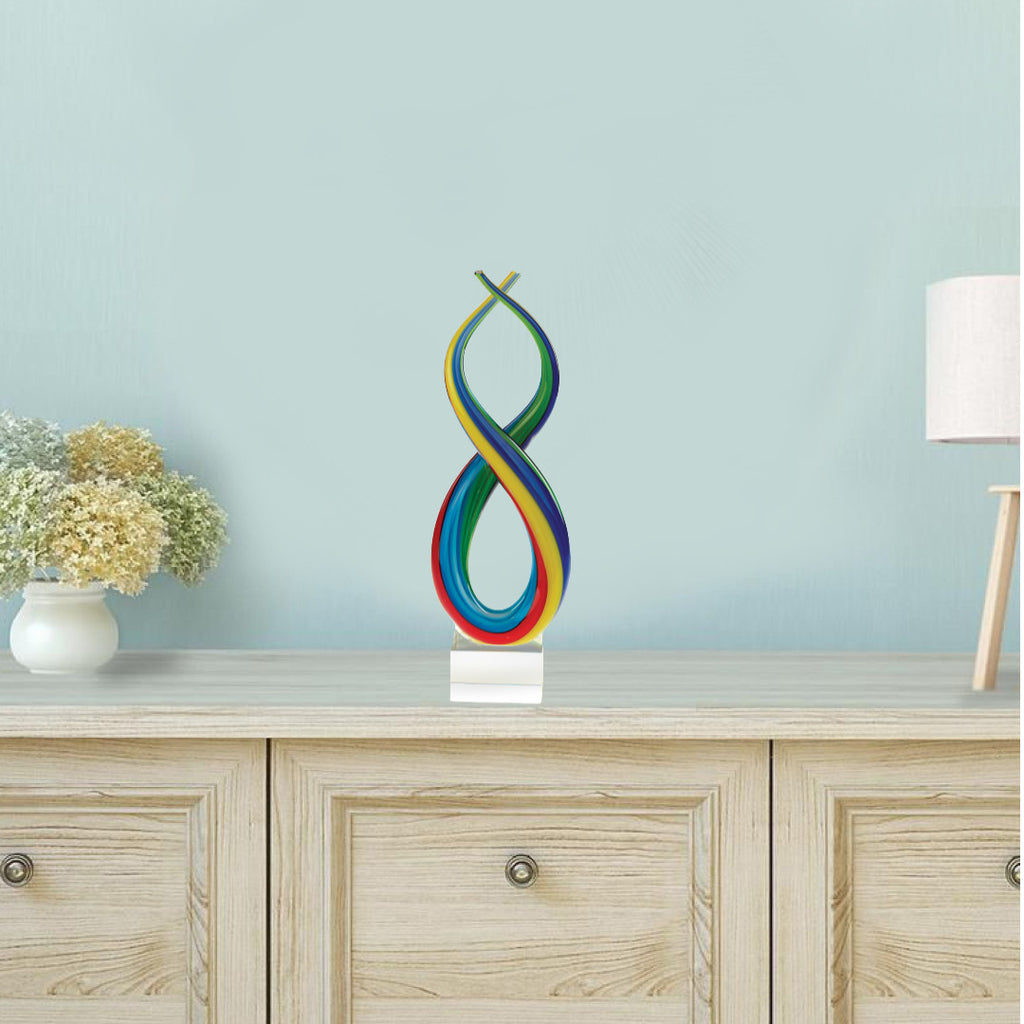 16" Clear Red Blue Yellow Murano Glass Modern Abstract Tabletop Sculpture. Sculpture isolated on a plain white background, showing a blue glass surface.